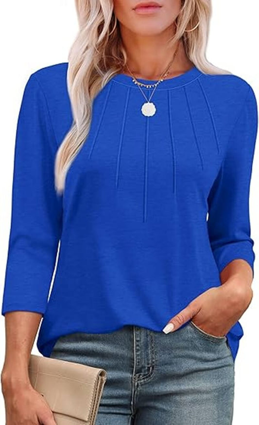 Casual Pleated Round Neck Three-quarter Sleeve Top