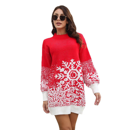 Christmas Snowflake Jacquard Lantern Sleeve Loose Knitted Dress