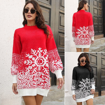 Christmas Snowflake Jacquard Lantern Sleeve Loose Knitted Dress