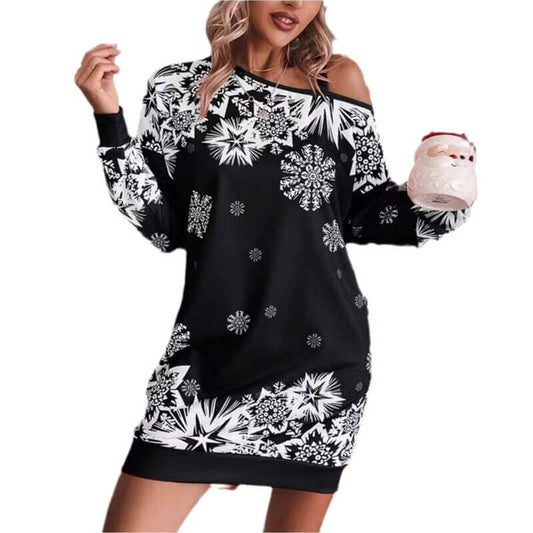 Christmas Snowflake Print Off-shoulder Dress