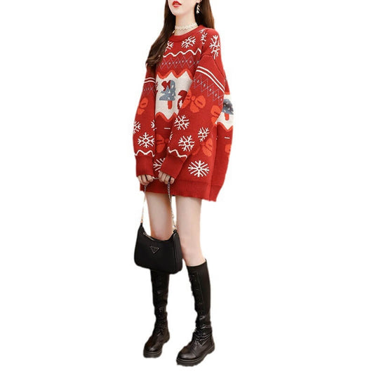 Christmas Sweater Jacquard Loose Round Neck Long Sleeve Knit Cardigan