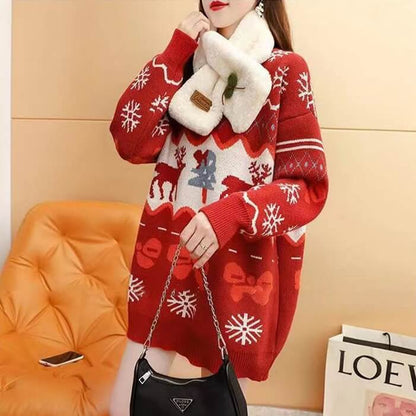 Christmas Sweater Jacquard Loose Round Neck Long Sleeve Knit Cardigan