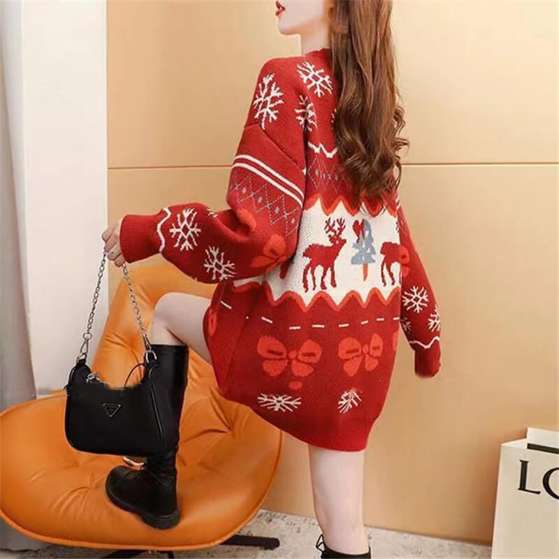 Christmas Sweater Jacquard Loose Round Neck Long Sleeve Knit Cardigan