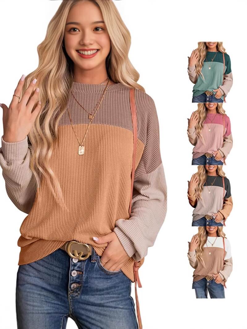 Colorblock Casual Loose Sweater Pullover Top T-shirt