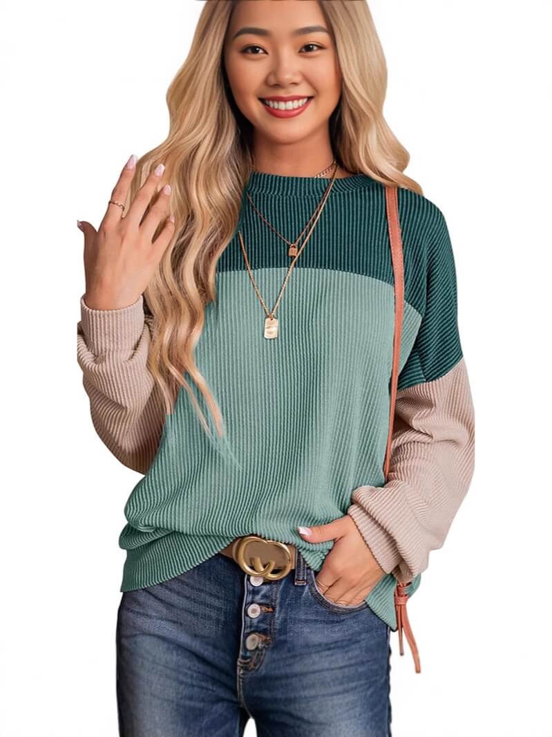 Colorblock Casual Loose Sweater Pullover Top T-shirt