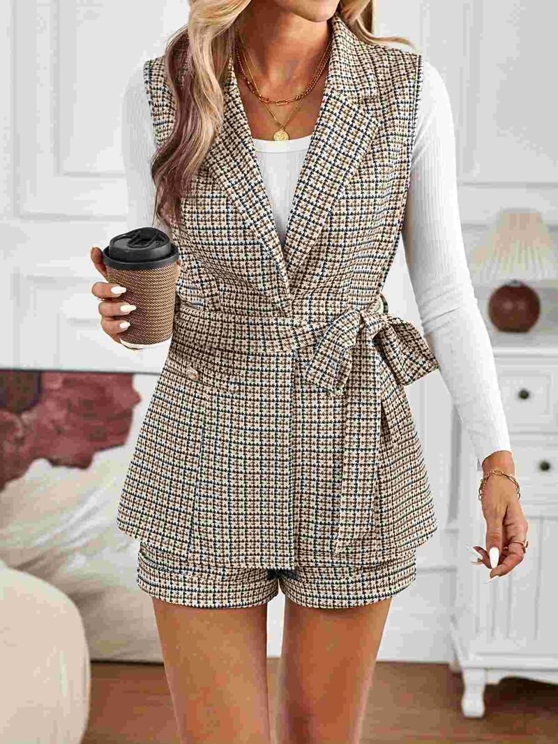 Elegant Lapel Knitted Houndstooth Vest Shorts Set