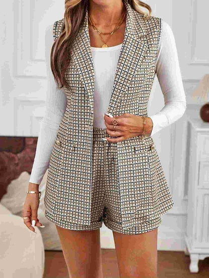 Elegant Lapel Knitted Houndstooth Vest Shorts Set