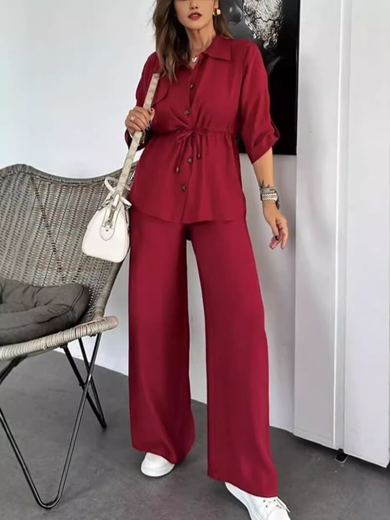 Fashion Loose Casual Solid Color Drawstring Patch Pocket Button Suit