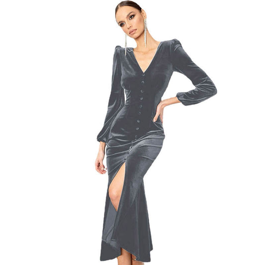 Knitted V-neck Padded Shoulder Long-sleeved Dress