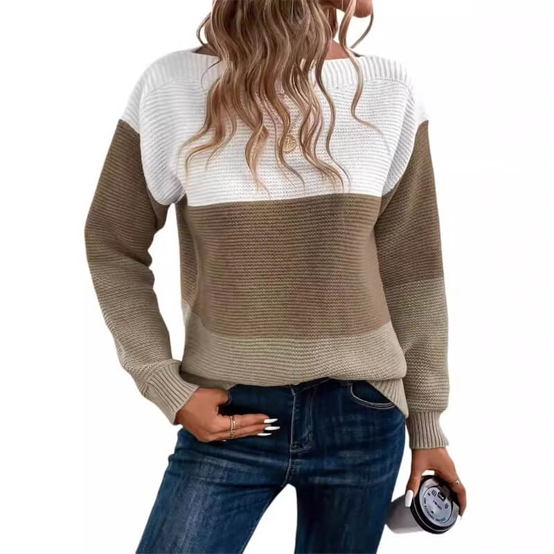 Long Round Neck Knitted Contrast Color Stitching Pullover Loose Thick Women's Clothing