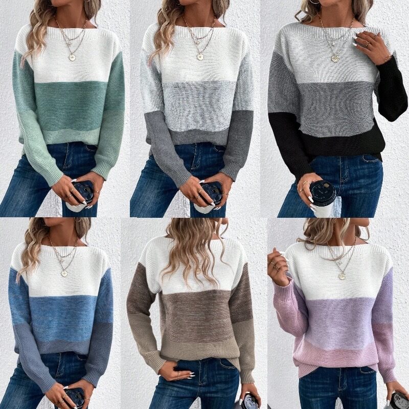 Long Round Neck Knitted Contrast Color Stitching Pullover Loose Thick Women's Clothing