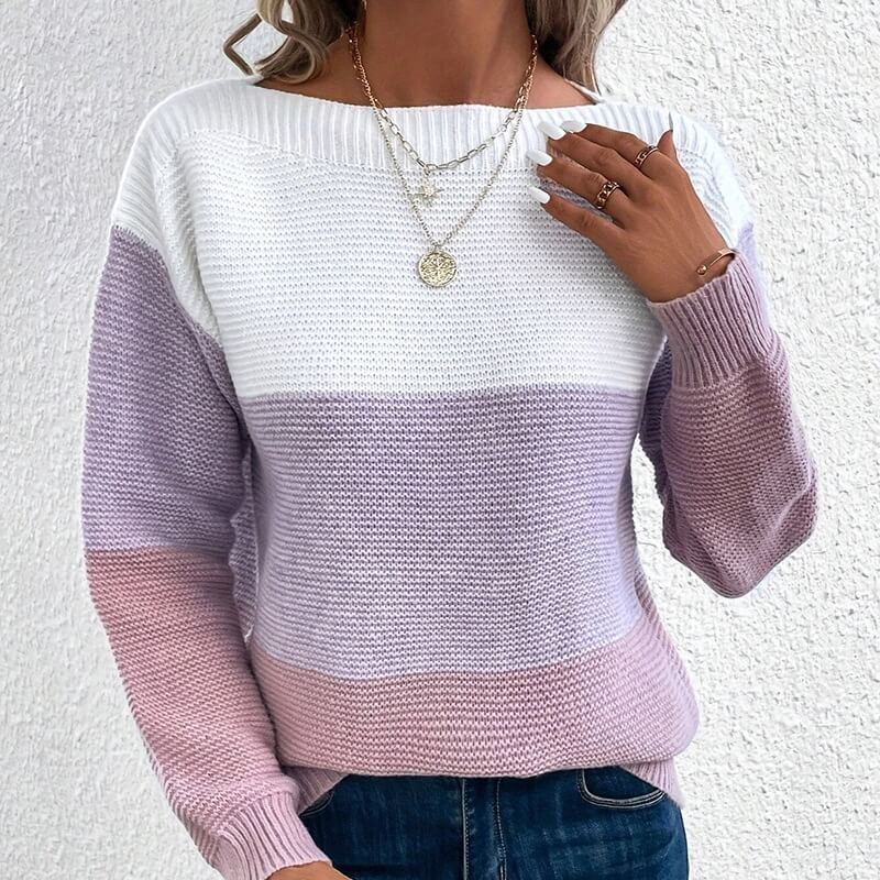 Long Round Neck Knitted Contrast Color Stitching Pullover Loose Thick Women's Clothing