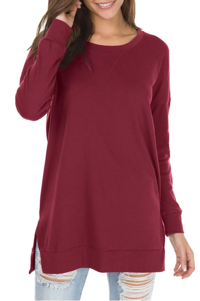 Loose Crew Neck Long Sleeve Sweater with Slits