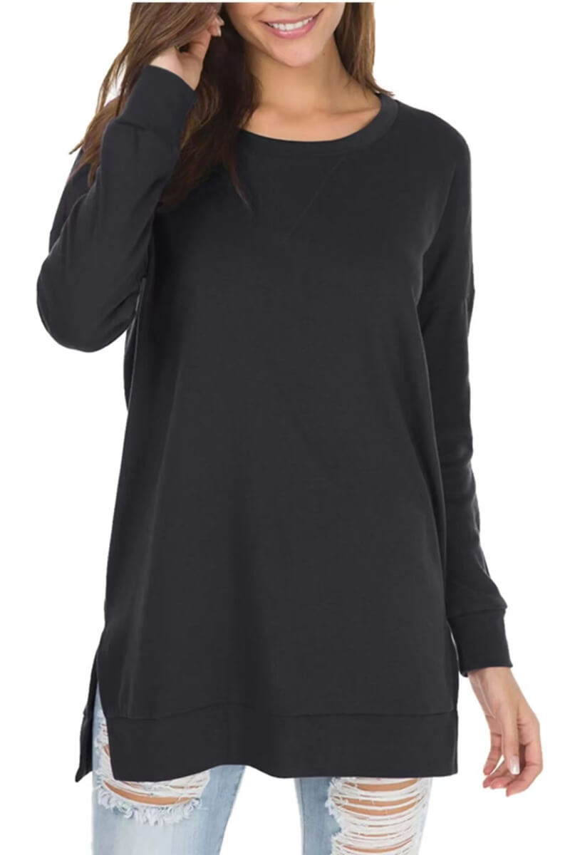 Loose Crew Neck Long Sleeve Sweater with Slits