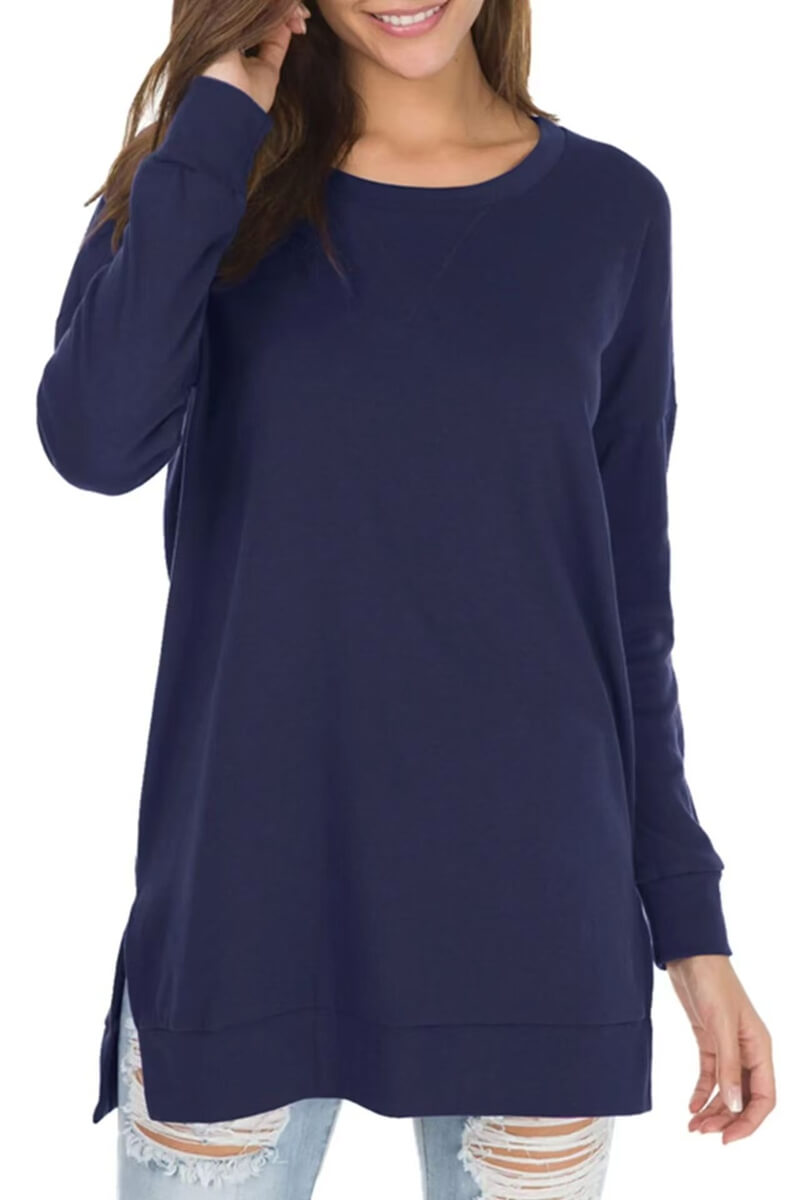 Loose Crew Neck Long Sleeve Sweater with Slits