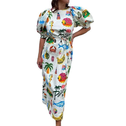 Printed Puff Sleeves Slit Waist Tie Casual Dress