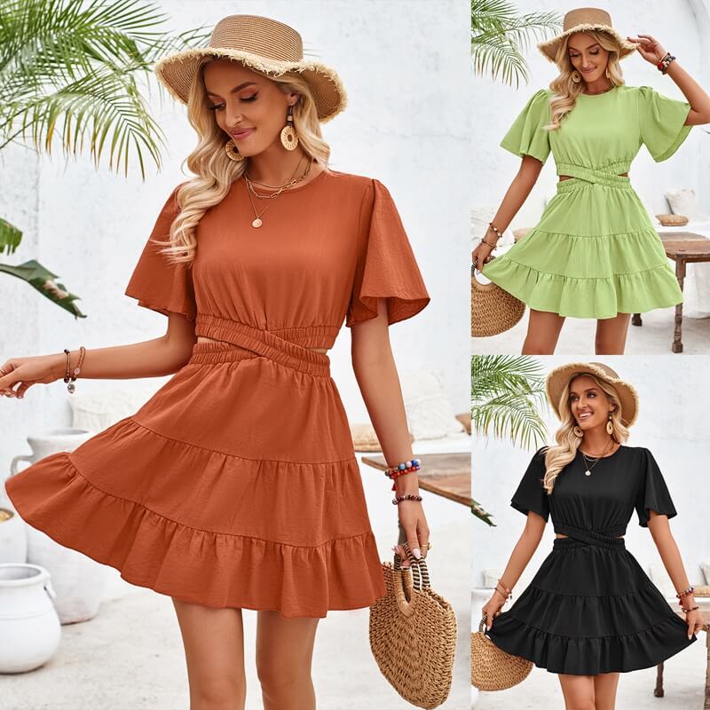 Round Neck Hollow Short Sleeve Waist Dress