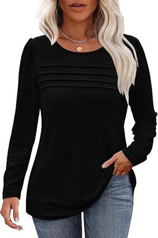 Round Neck Long Sleeve Chest Tucker Line Pleated Top