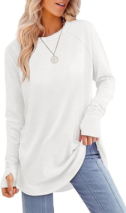 Round Neck Solid Color Finger-split Long Sleeve Top Loose Mid-length Bottoming Shirt