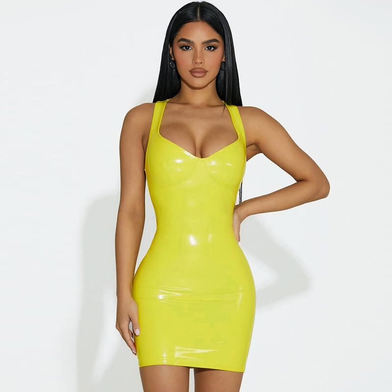 Sexy V-neck PU Shiny Slim Waist Hip Suspender Dress for Women