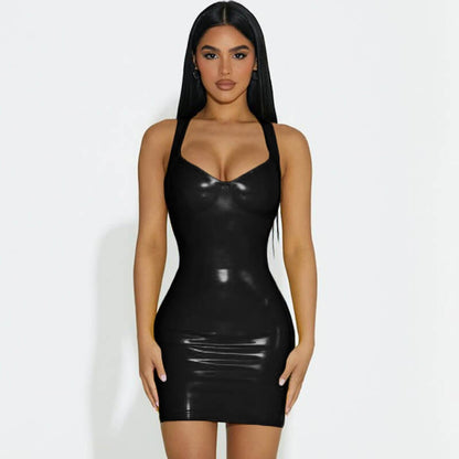 Sexy V-neck PU Shiny Slim Waist Hip Suspender Dress for Women