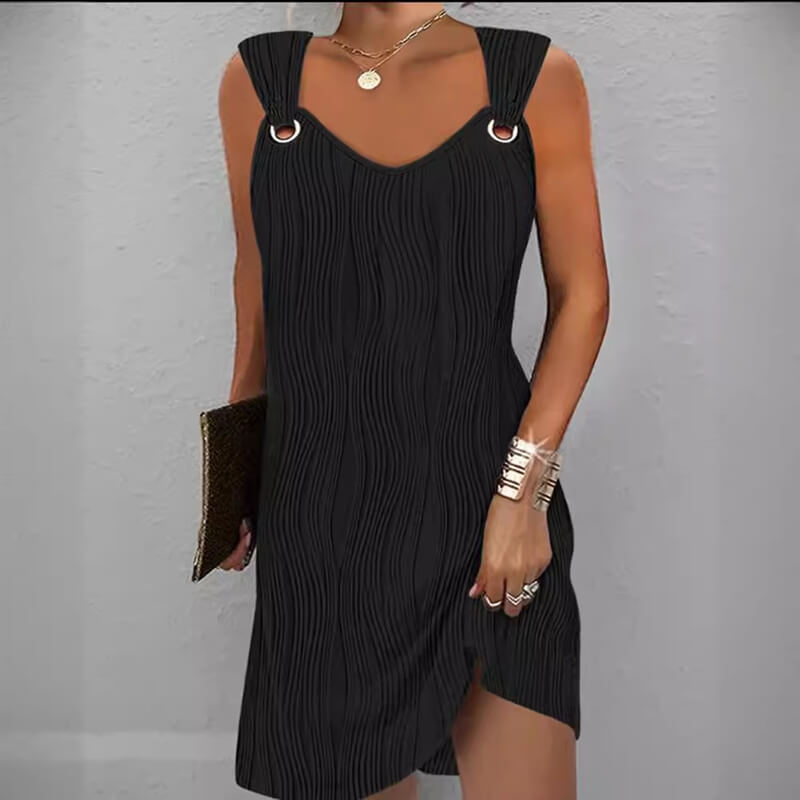 Simple Solid Color Metal Button V-neck Sleeveless Dress