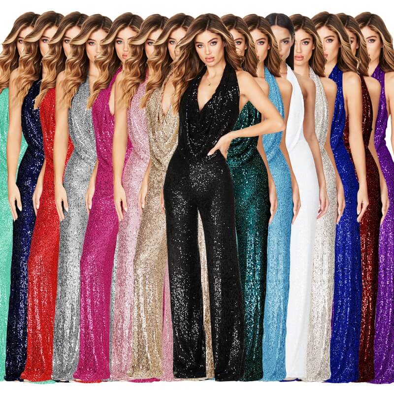 Sleeveless Halter Neck Sequined Jumpsuit