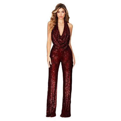 Sleeveless Halter Neck Sequined Jumpsuit