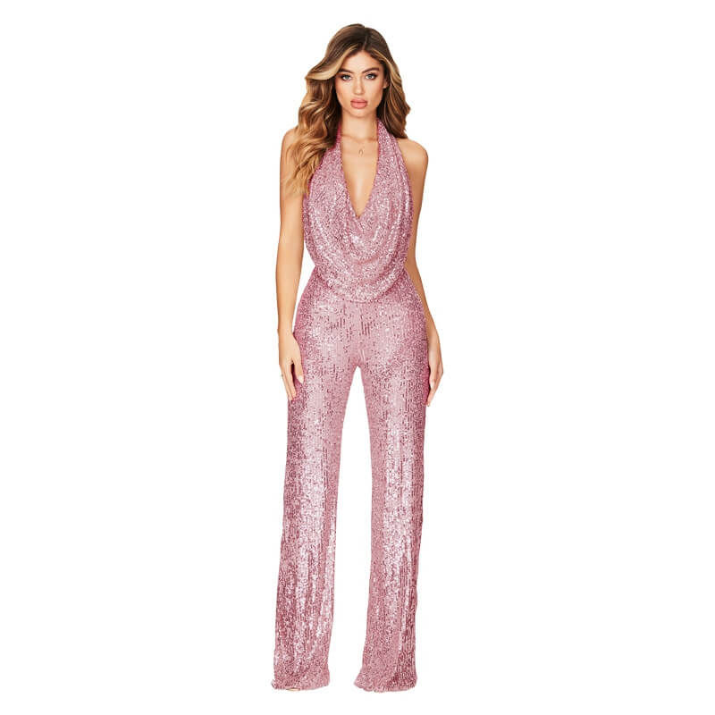 Sleeveless Halter Neck Sequined Jumpsuit