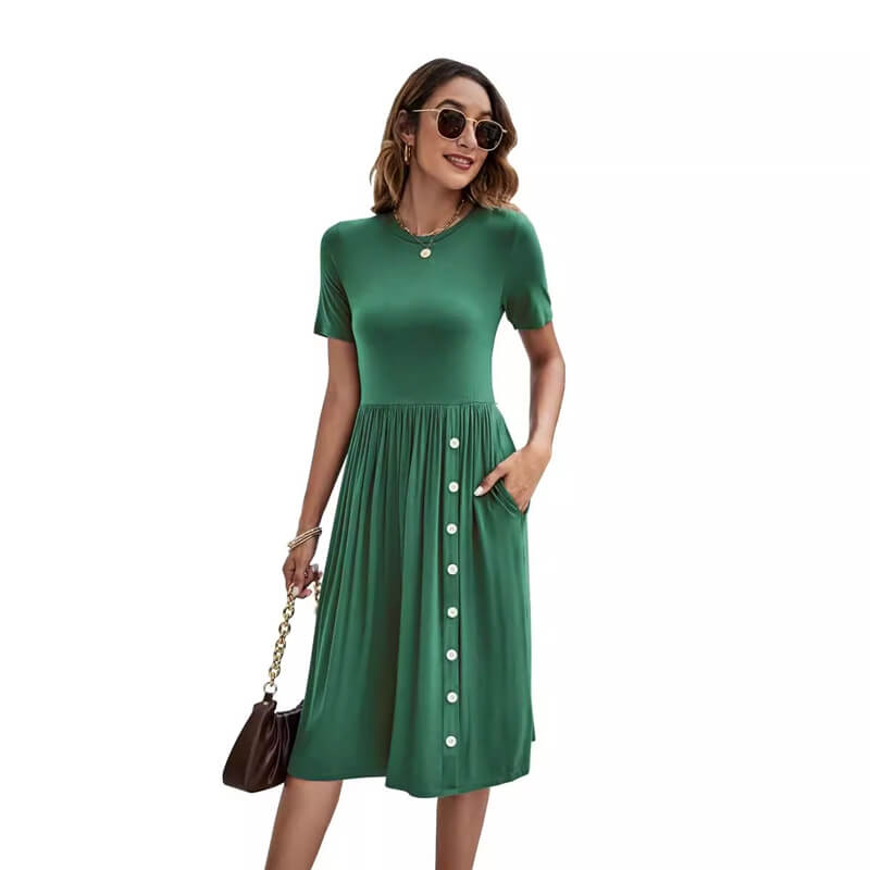 Solid Color Button Pocket Casual Women's Knitted Dress