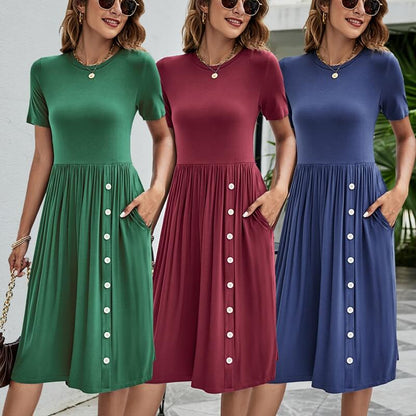 Solid Color Button Pocket Casual Women's Knitted Dress