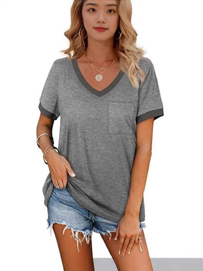 Solid Color Ribbed V-neck Short-sleeved Top