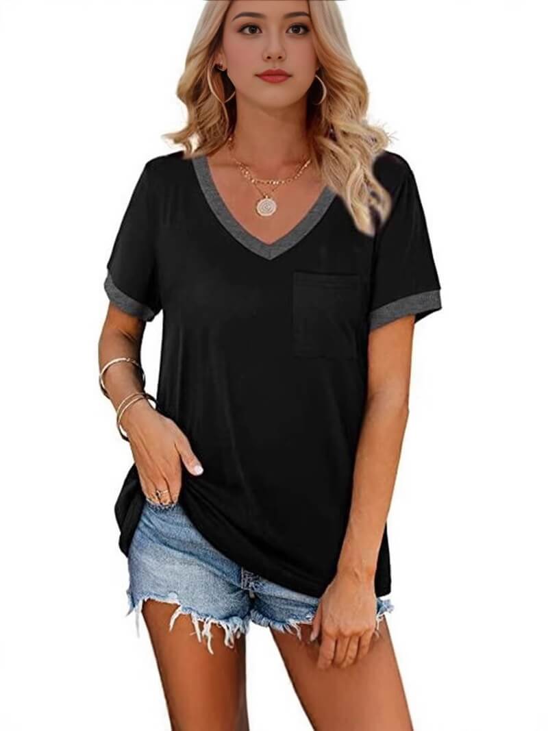 Solid Color Ribbed V-neck Short-sleeved Top