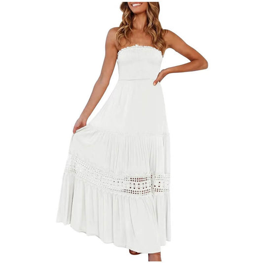 Solid Color Tube Top Hem Long Sleeveless Retro Bohemian Waist Temperament Dress