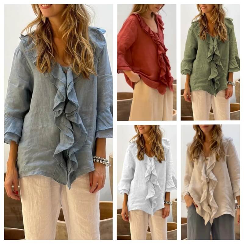 Solid Color V-neck Flying Sleeves Ruffled Single-breasted Multi-button Cardigan with Curved Hem Top