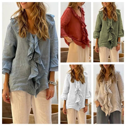 Solid Color V-neck Flying Sleeves Ruffled Single-breasted Multi-button Cardigan with Curved Hem Top