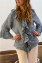 Solid Color V-neck Flying Sleeves Ruffled Single-breasted Multi-button Cardigan with Curved Hem Top