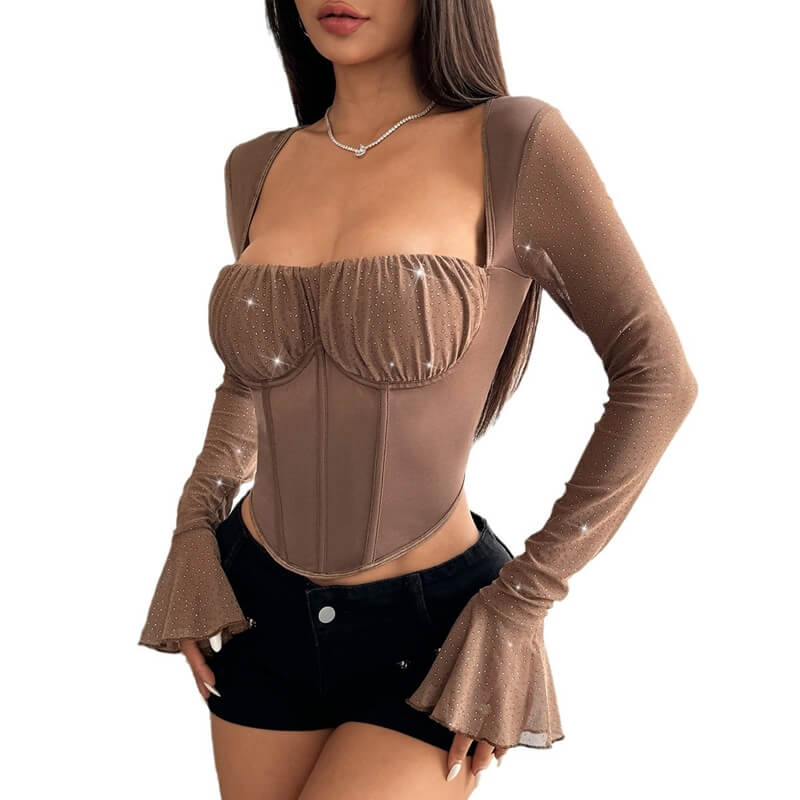 Trumpet Sleeve Top Sequined Underwire Wrap-around Chest Diamond Fishbone Waist T-shirt