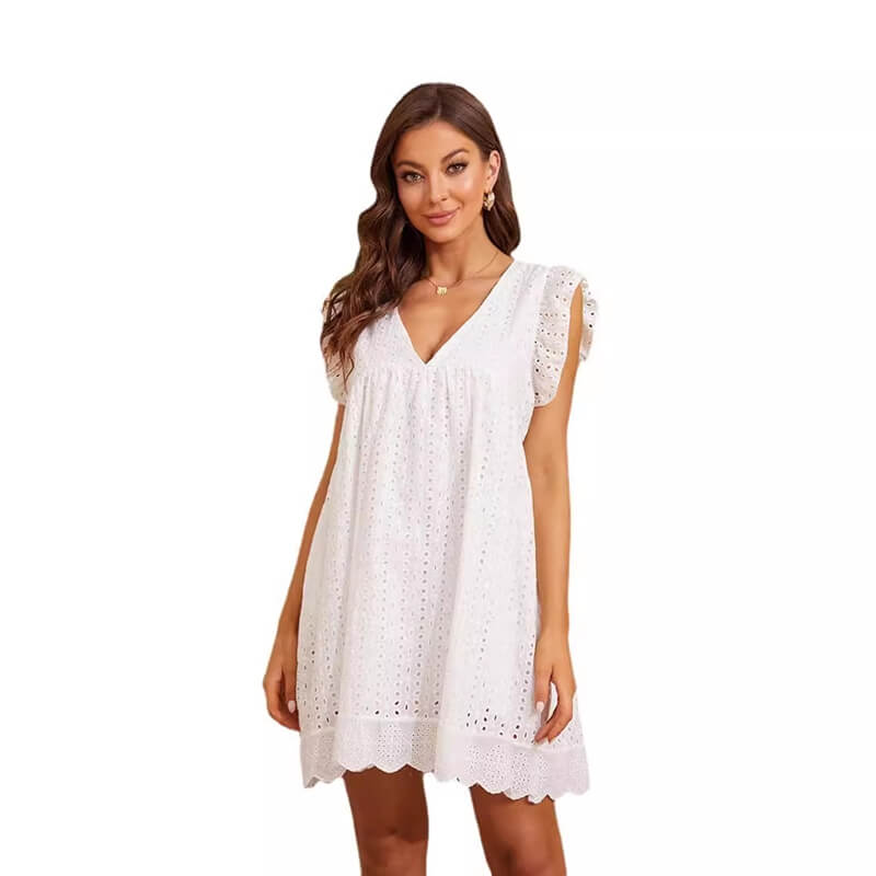 V-neck Jacquard Hollow Sleeveless Lace Dress