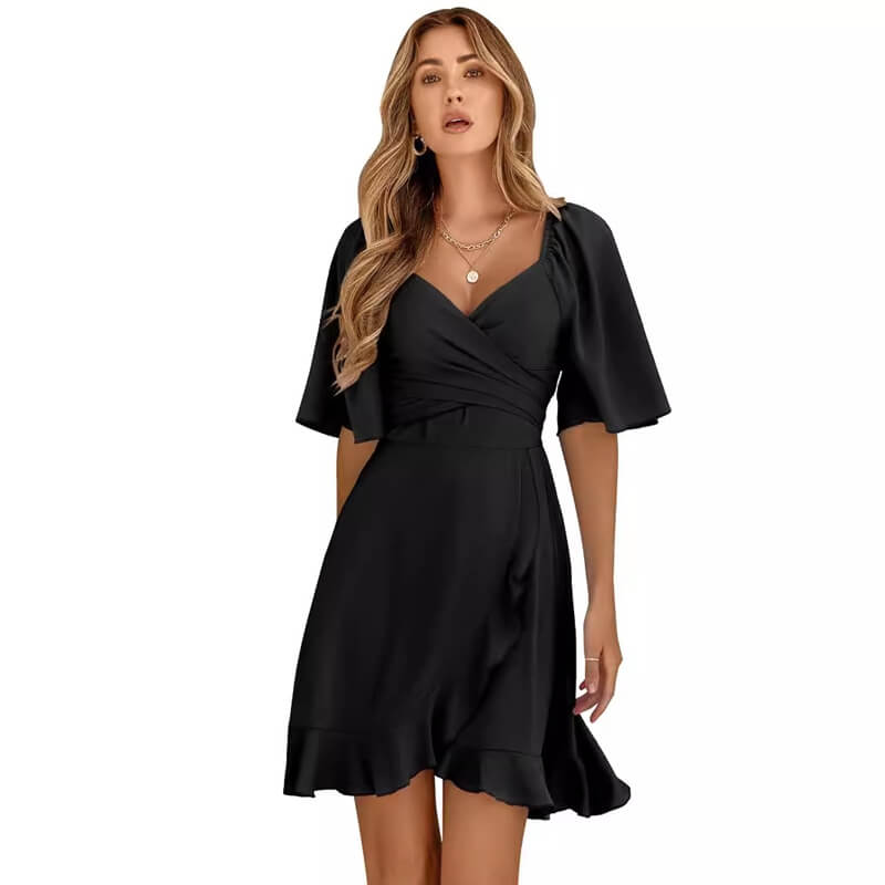 V-neck Solid Color Waist Ruffle Dress