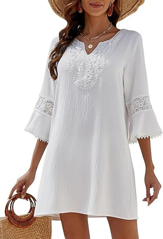 White Chiffon Lace Front Beach Cover-up