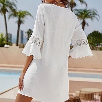 White Chiffon Lace Front Beach Cover-up