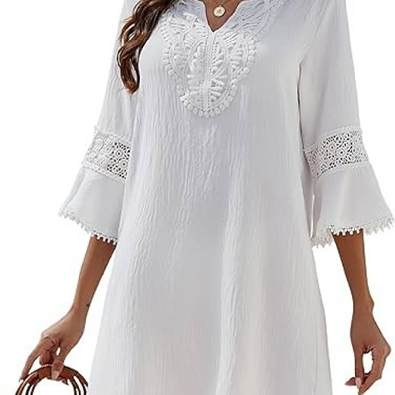 White Chiffon Lace Front Beach Cover-up